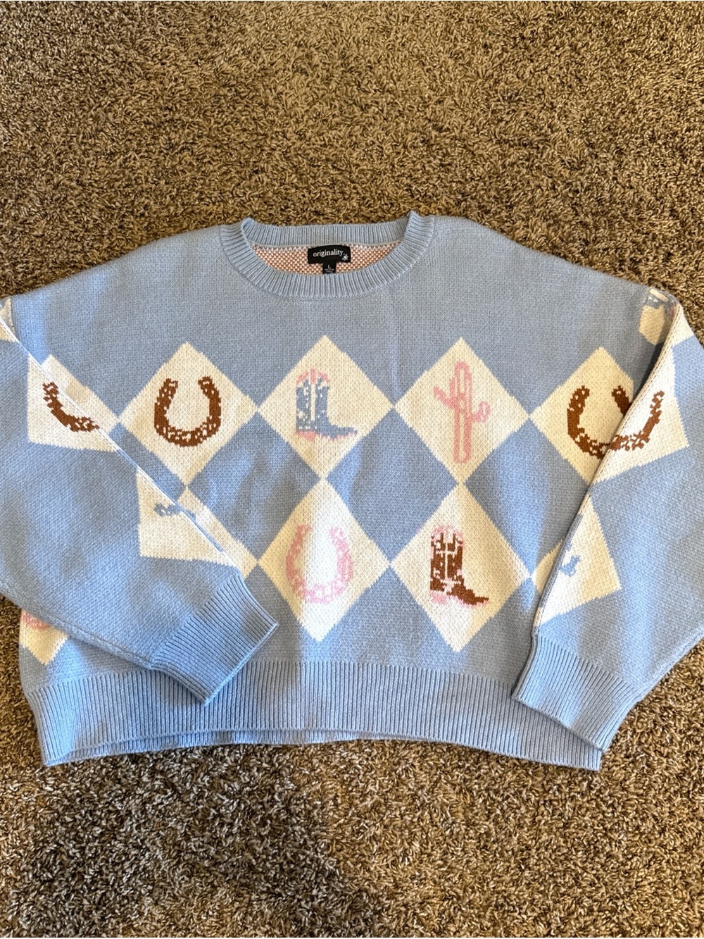 NWOT Originality Pastel Blue Western-Print Cropped Crewneck Sweater